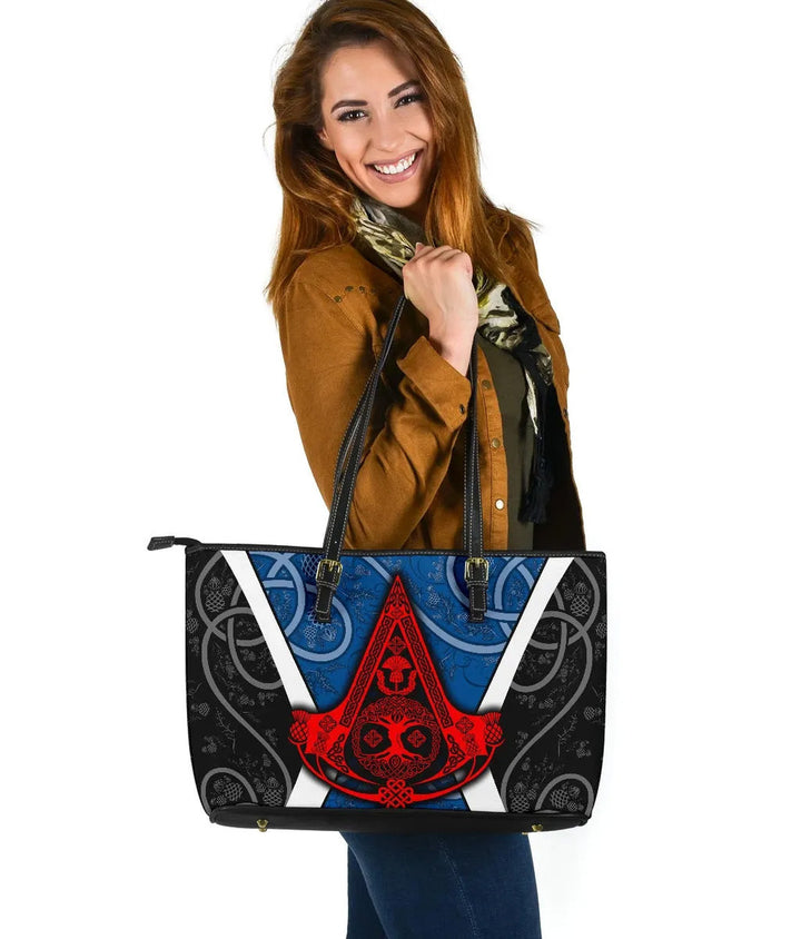 Celtic Leather Tote Bag - Celtic Scotland Thistle with Tree Of Life and Knot Ornaments