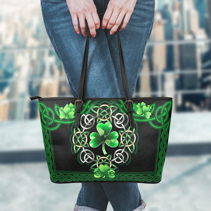Celtic Leather Tote Bag - Irish Shamrock with Celtic Knot