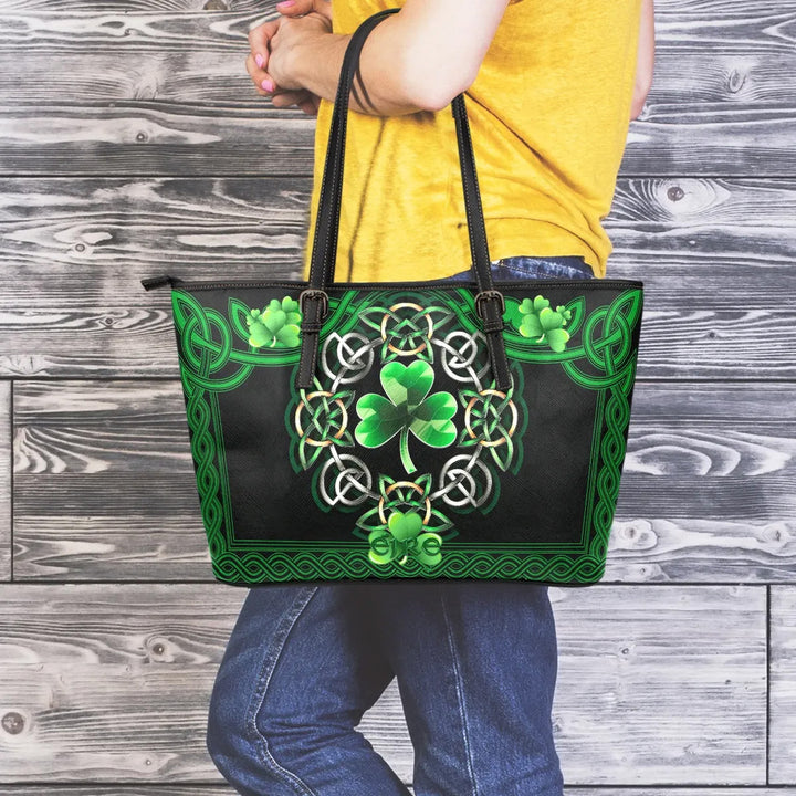 Celtic Leather Tote Bag - Irish Shamrock with Celtic Knot