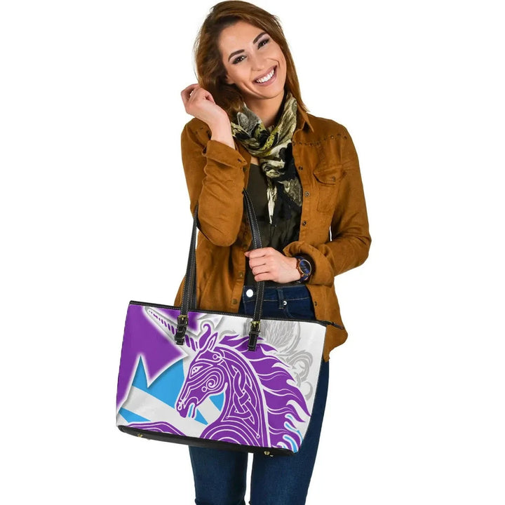 Celtic Scotland Leather Tote Bag - Scotland Unicorn & Thistle Pattern