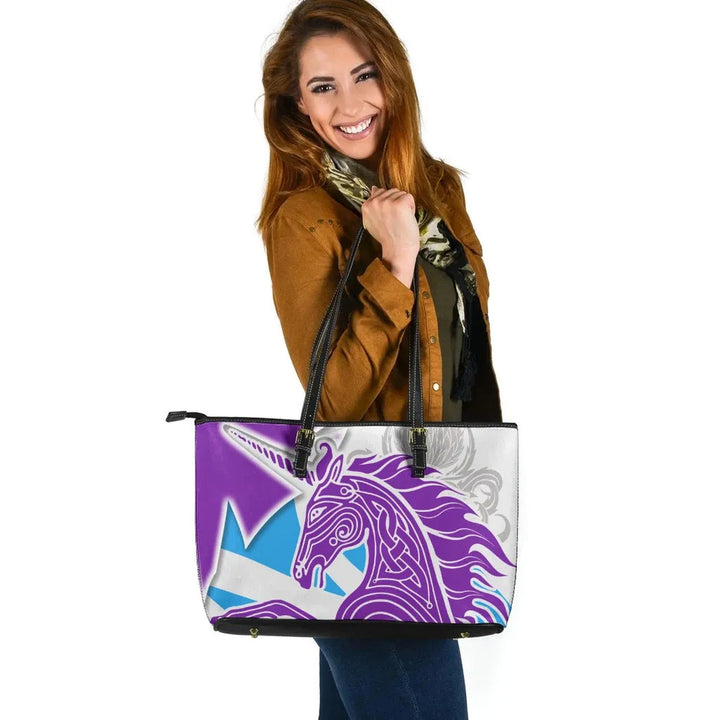Celtic Scotland Leather Tote Bag - Scotland Unicorn & Thistle Pattern