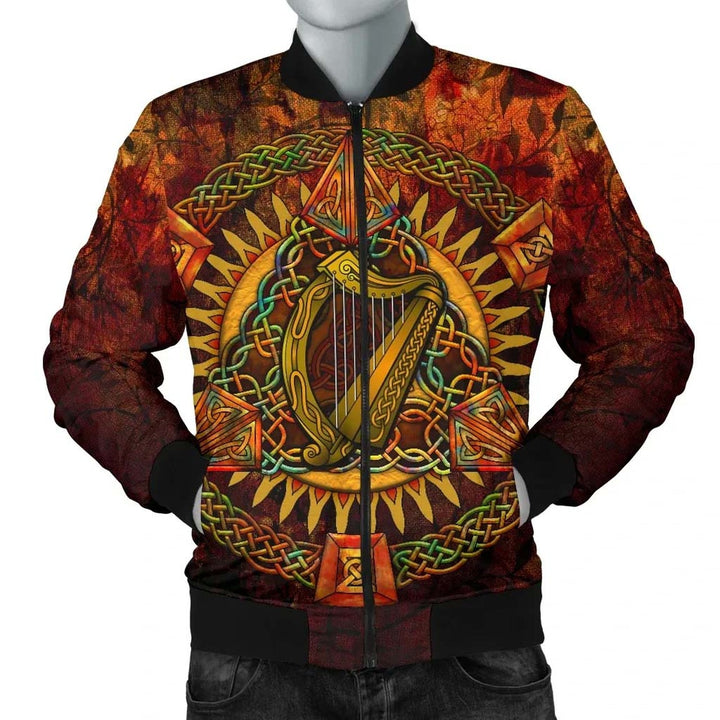 Ireland Celtic Unisex Bomber Jacket - Irish Coat Of Arms Triangle Knotwork Autumn Style
