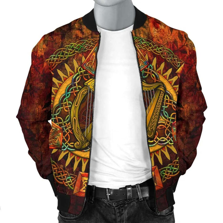 Ireland Celtic Unisex Bomber Jacket - Irish Coat Of Arms Triangle Knotwork Autumn Style