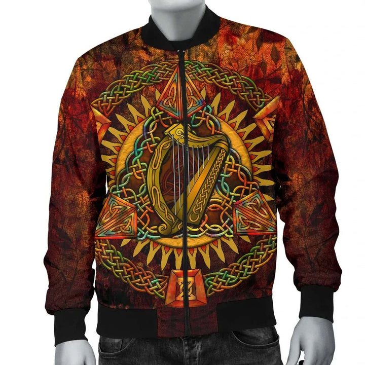 Ireland Celtic Unisex Bomber Jacket - Irish Coat Of Arms Triangle Knotwork Autumn Style