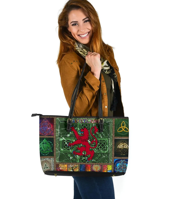 Cetic Scotland Leather Tote Bag - Lion Royal Banner With Celtic Symbols