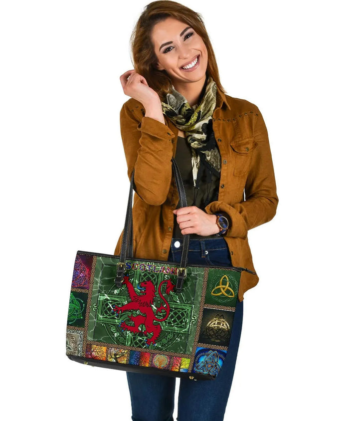 Cetic Scotland Leather Tote Bag - Lion Royal Banner With Celtic Symbols