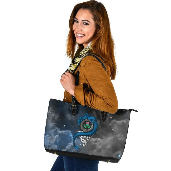 Scotland Celtic Leather Tote Bag - Dragon & Thistle With Celtic