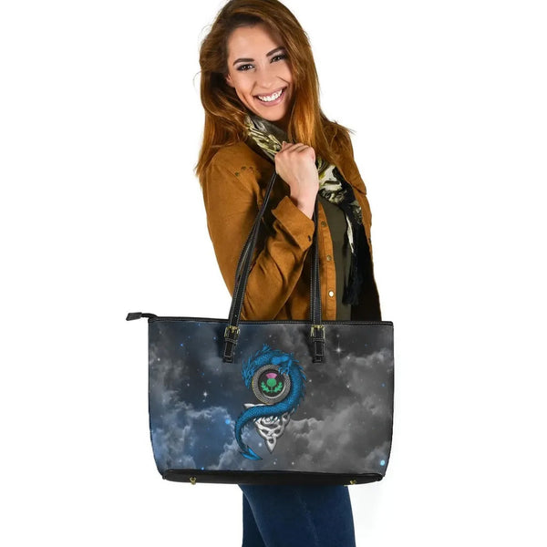 Scotland Celtic Leather Tote Bag - Dragon & Thistle With Celtic