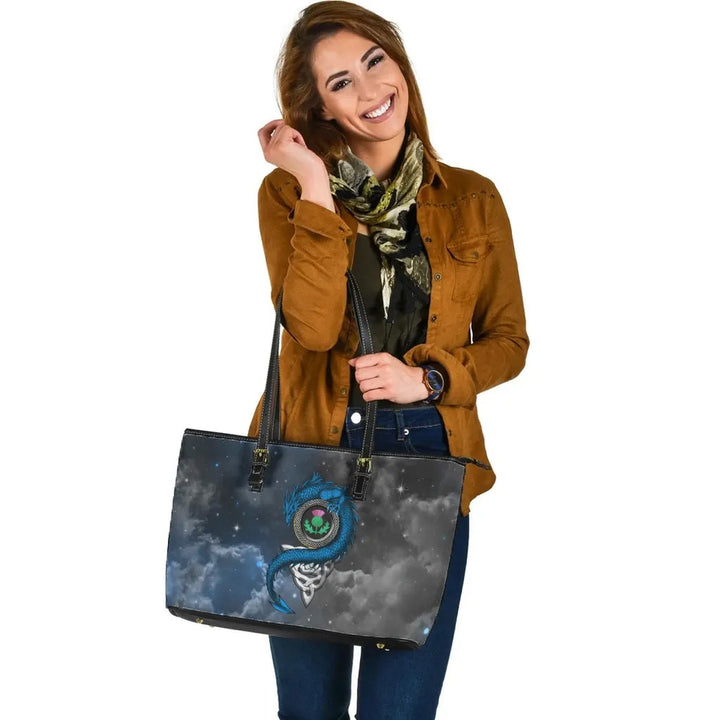 Scotland Celtic Leather Tote Bag - Dragon & Thistle With Celtic