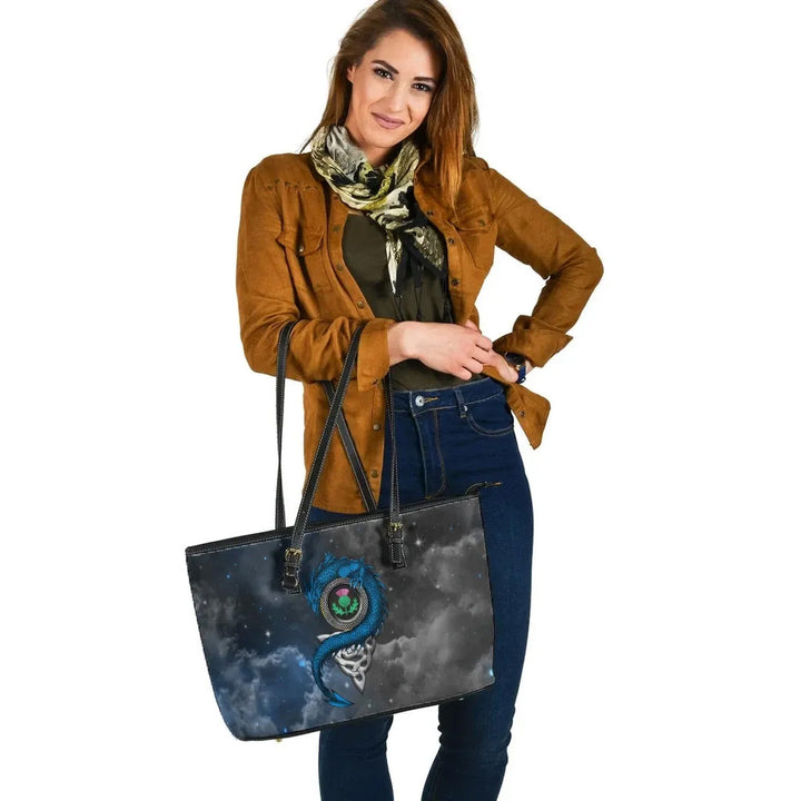 Scotland Celtic Leather Tote Bag - Dragon & Thistle With Celtic