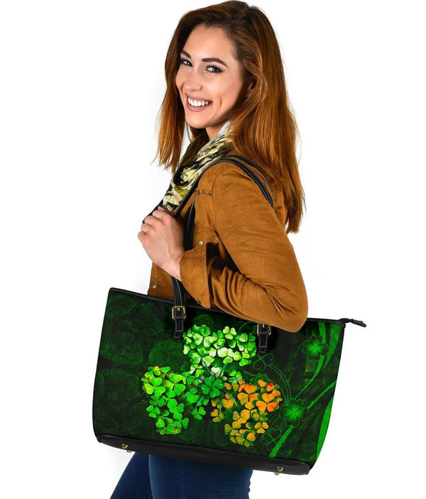 Ireland Celtic Leather Tote Bag - Irish 3D Shamrock