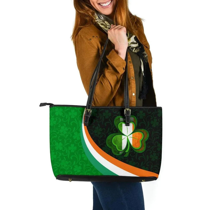 Ireland Celtic Leather Tote Bag- Irish Flag with Shamrock Patterns