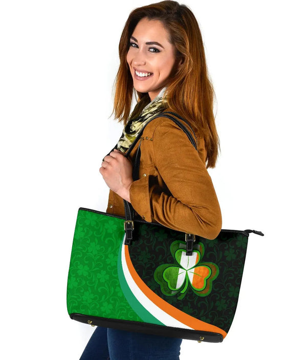 Ireland Celtic Leather Tote Bag- Irish Flag with Shamrock Patterns