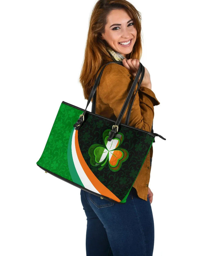 Ireland Celtic Leather Tote Bag- Irish Flag with Shamrock Patterns