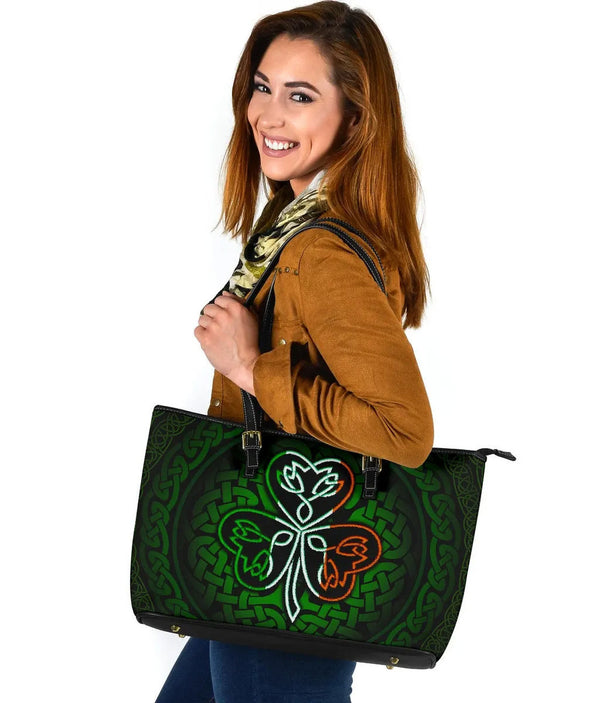 Ireland Celtic Leather Tote Bag - Irish Celtic Shamrock