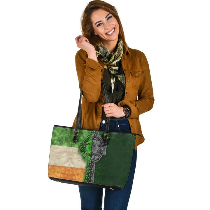 Ireland Celtic Leather Tote Bag - Irish Claddagh Cross
