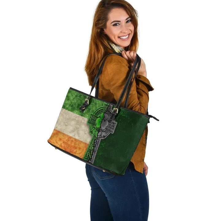 Ireland Celtic Leather Tote Bag - Irish Claddagh Cross