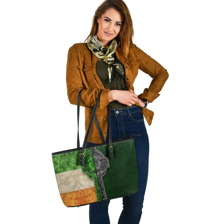 Ireland Celtic Leather Tote Bag - Irish Claddagh Cross