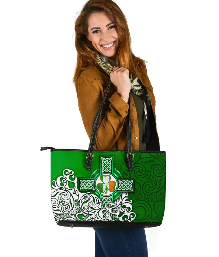 Ireland Celtic Leather Tote Bag - Irish Shamrock Flag With Celtic Cross