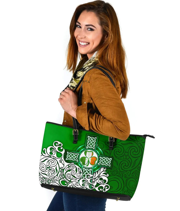 Ireland Celtic Leather Tote Bag - Irish Shamrock Flag With Celtic Cross