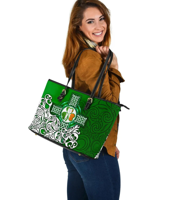 Ireland Celtic Leather Tote Bag - Irish Shamrock Flag With Celtic Cross
