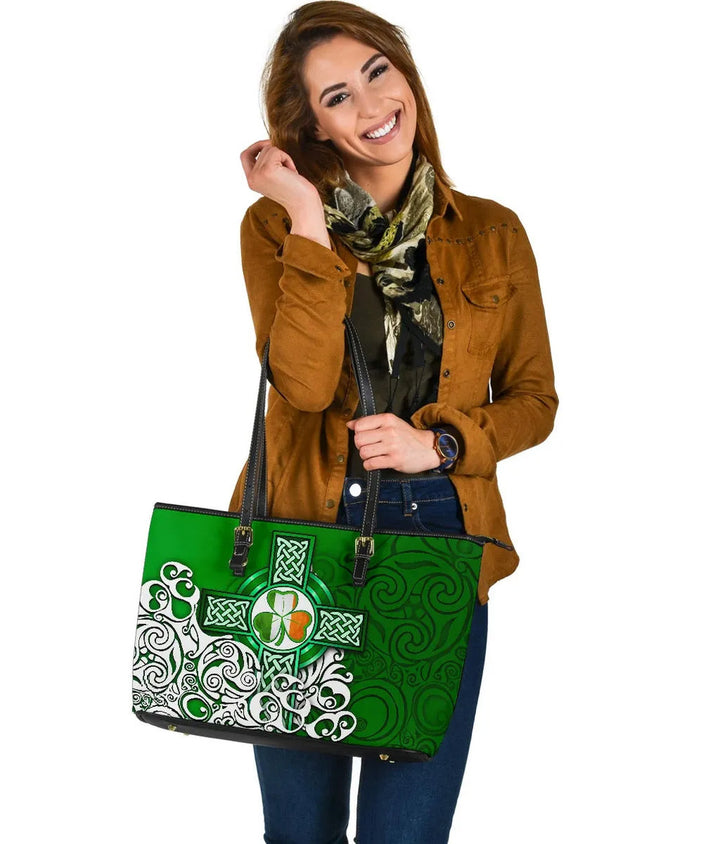 Ireland Celtic Leather Tote Bag - Irish Shamrock Flag With Celtic Cross