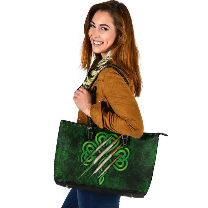 Ireland Celtic Leather Tote Bag - Irish Shamrock Scratch Style