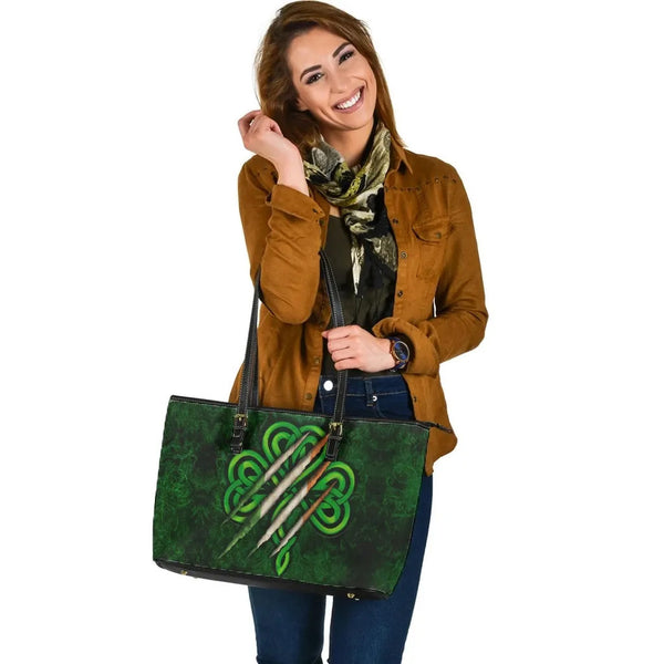 Ireland Celtic Leather Tote Bag - Irish Shamrock Scratch Style