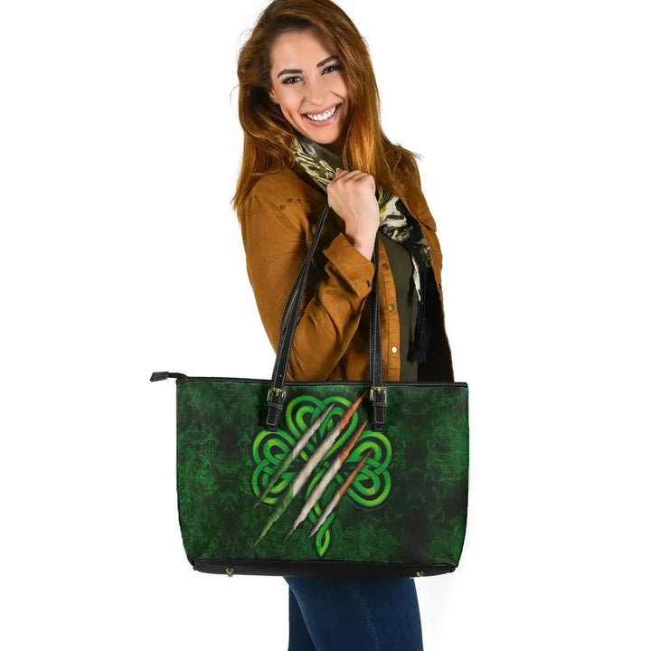 Ireland Celtic Leather Tote Bag - Irish Shamrock Scratch Style