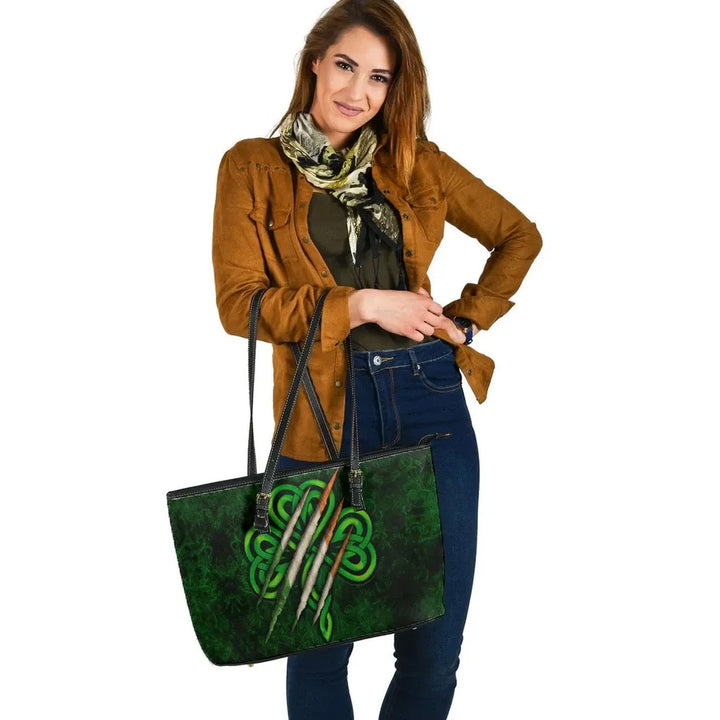 Ireland Celtic Leather Tote Bag - Irish Shamrock Scratch Style