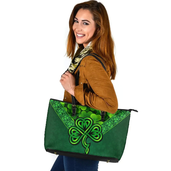 Ireland Celtic Leather Tote Bag - Irish Shamrock Triangle Style