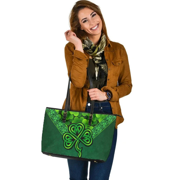 Ireland Celtic Leather Tote Bag - Irish Shamrock Triangle Style