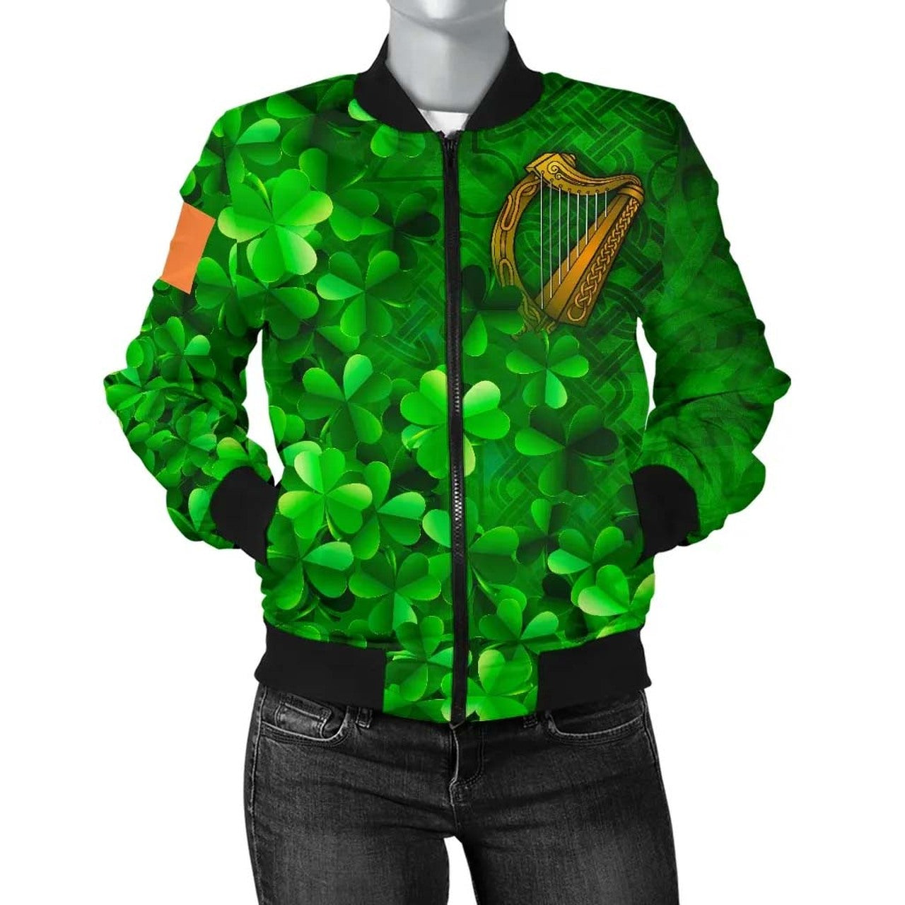 Ireland Celtic Unisex Bomber Jacket - Ireland Celtic Harp With Shamrock ...