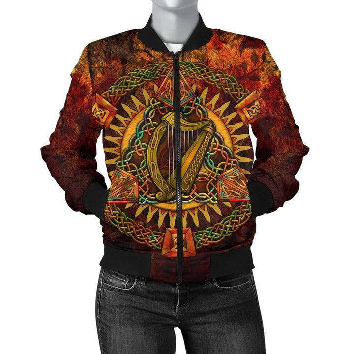 Ireland Celtic Unisex Bomber Jacket - Irish Coat Of Arms Triangle Knotwork Autumn Style