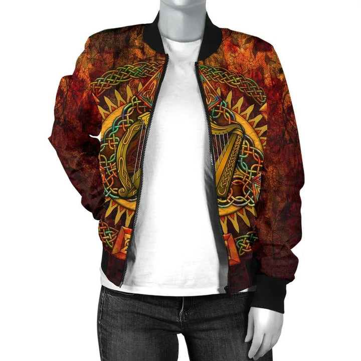 Ireland Celtic Unisex Bomber Jacket - Irish Coat Of Arms Triangle Knotwork Autumn Style