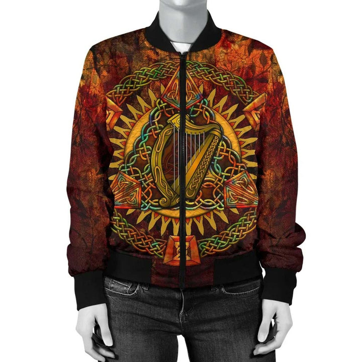 Ireland Celtic Unisex Bomber Jacket - Irish Coat Of Arms Triangle Knotwork Autumn Style