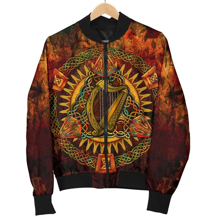 Ireland Celtic Unisex Bomber Jacket - Irish Coat Of Arms Triangle Knotwork Autumn Style