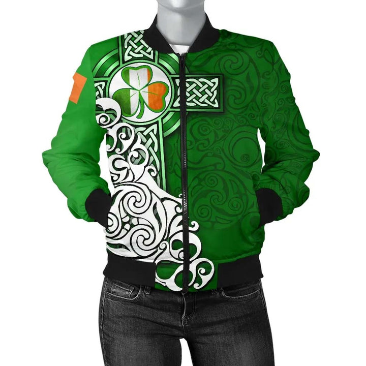 Ireland Celtic Unisex Bomber Jacket - Irish Shamrock Flag With Celtic Cross