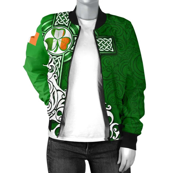 Ireland Celtic Unisex Bomber Jacket - Irish Shamrock Flag With Celtic Cross