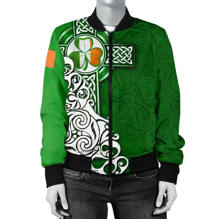 Ireland Celtic Unisex Bomber Jacket - Irish Shamrock Flag With Celtic Cross