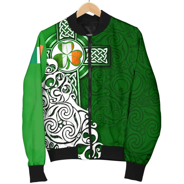 Ireland Celtic Unisex Bomber Jacket - Irish Shamrock Flag With Celtic Cross