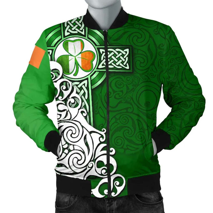 Ireland Celtic Unisex Bomber Jacket - Irish Shamrock Flag With Celtic Cross