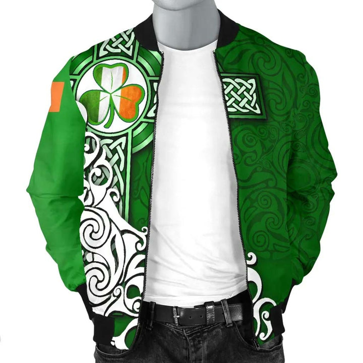 Ireland Celtic Unisex Bomber Jacket - Irish Shamrock Flag With Celtic Cross