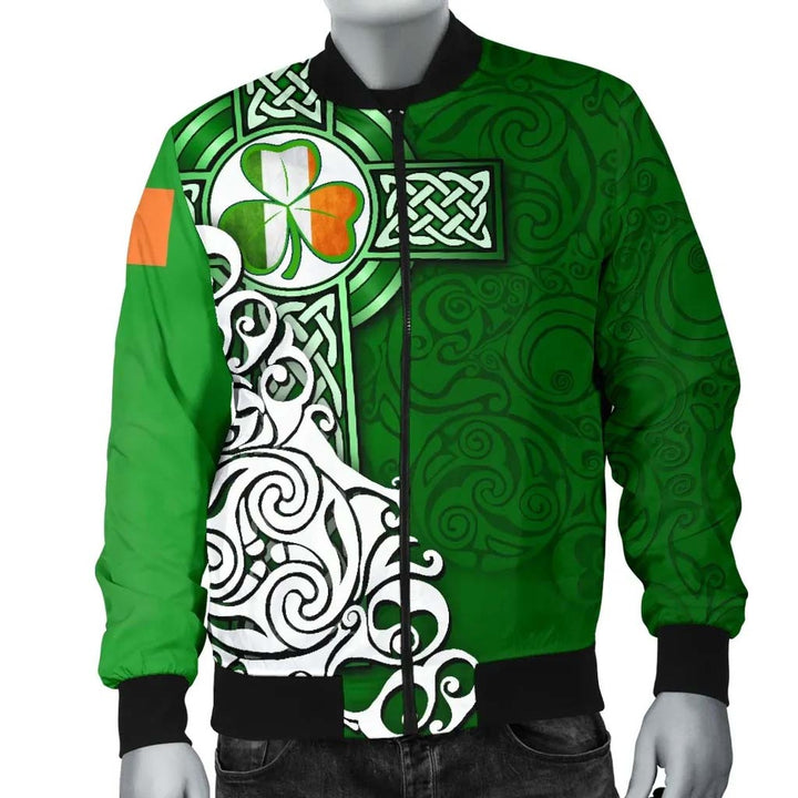 Ireland Celtic Unisex Bomber Jacket - Irish Shamrock Flag With Celtic Cross