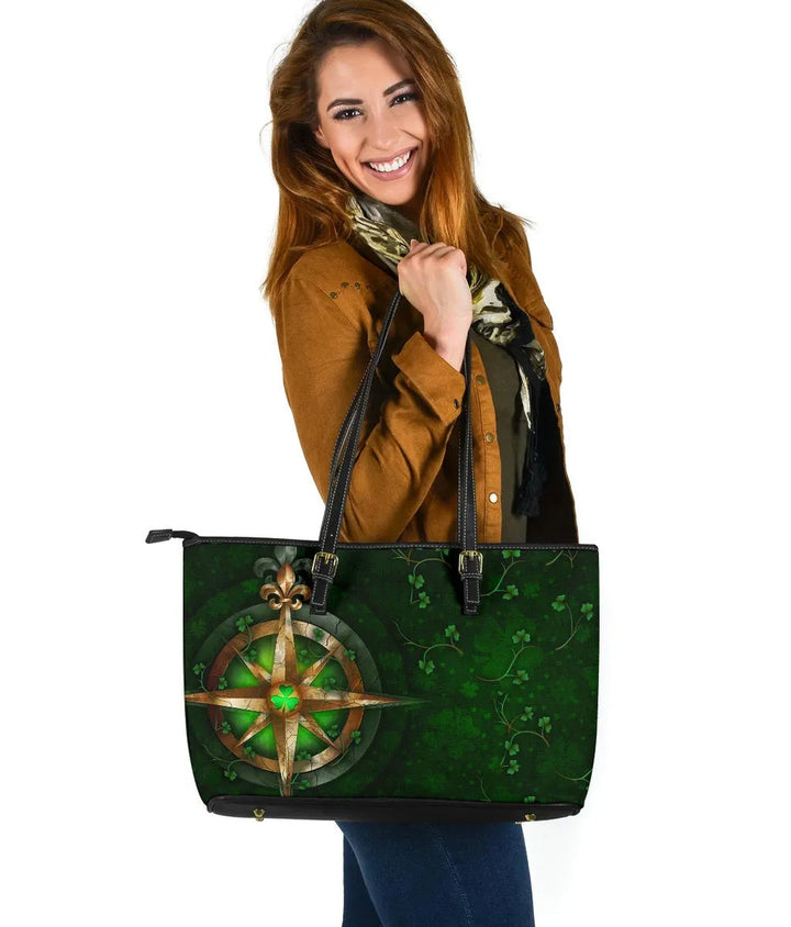 Ireland Leather Tote Bag - Celtic Irish Compass & Shamrock