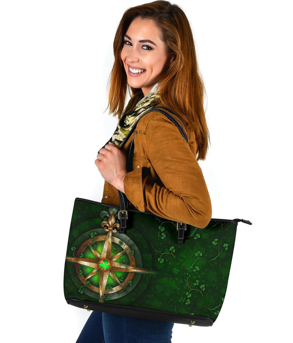 Ireland Leather Tote Bag - Celtic Irish Compass & Shamrock