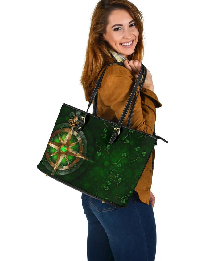 Ireland Leather Tote Bag - Celtic Irish Compass & Shamrock
