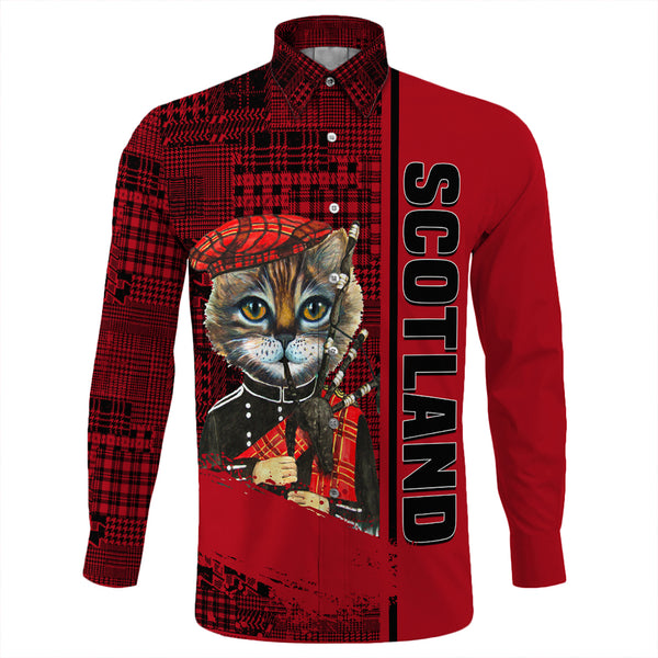 Scotland Cat Bagpipes Long Sleeve Button Shirt | Celticprime.com