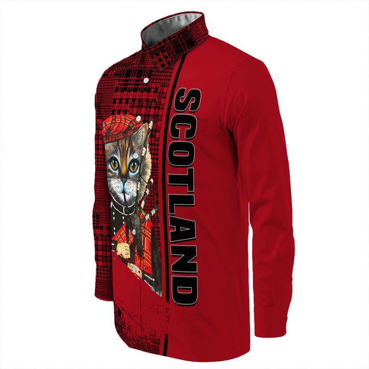 Scotland Cat Bagpipes Long Sleeve Button Shirt