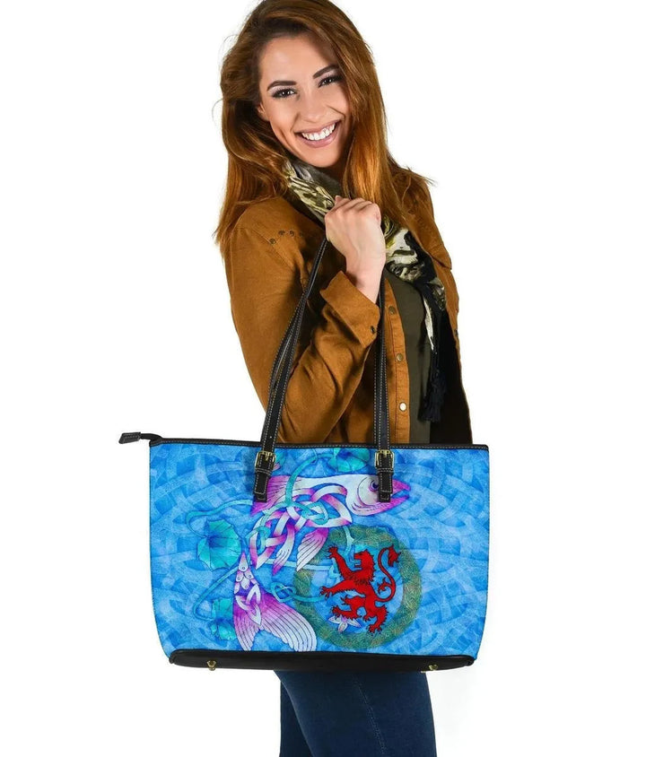 Scotland Celtic Leather Tote Bag - Celtic Fish With Lion